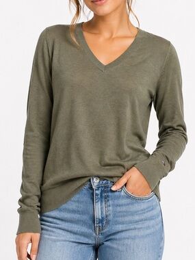 Tommy Hilfiger Silk Cotton Blend V-Neck Long Sleeve Olive Green Minimalist Top